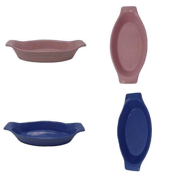 2 Au Gratin Casserole Serving Dishes Pink Blue Ribbed Small 11"L x 5.5" W x 2" H - Picture 1 of 9
